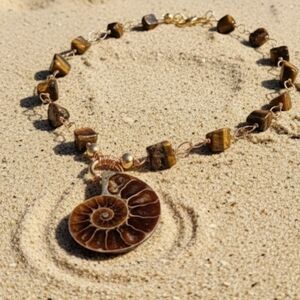 Genuine Ammonite Fossil Pendant & Raw Rough Tiger's Eye Gold Plated Necklace